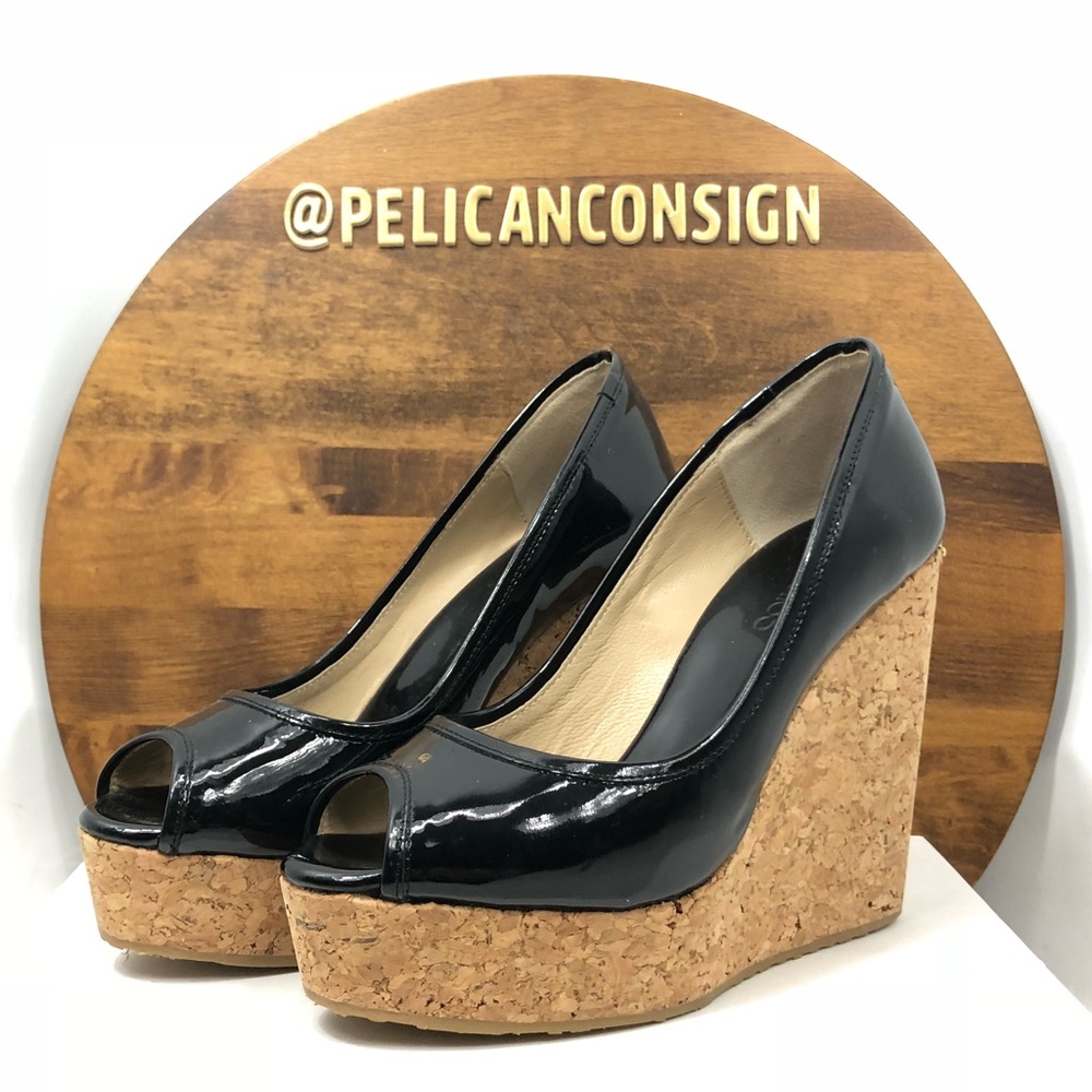 Jimmy Choo black patent leather wedge peep toe